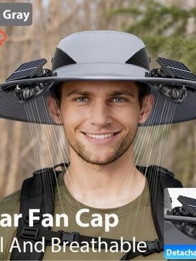 Solar Fan Hat - Gray Portable Ventilated Men’s Sun Cap